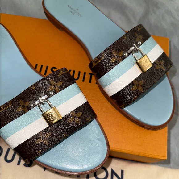 Louis Vuitton Lock It Monogram Mules Slides Sandals Blue Brown size 40 Authentic - Picture 3 of 7